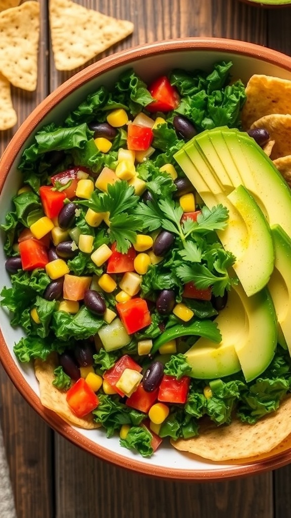 A colorful kale taco salad with black beans, corn, tomatoes, avocado, and tortilla chips on a wooden table.